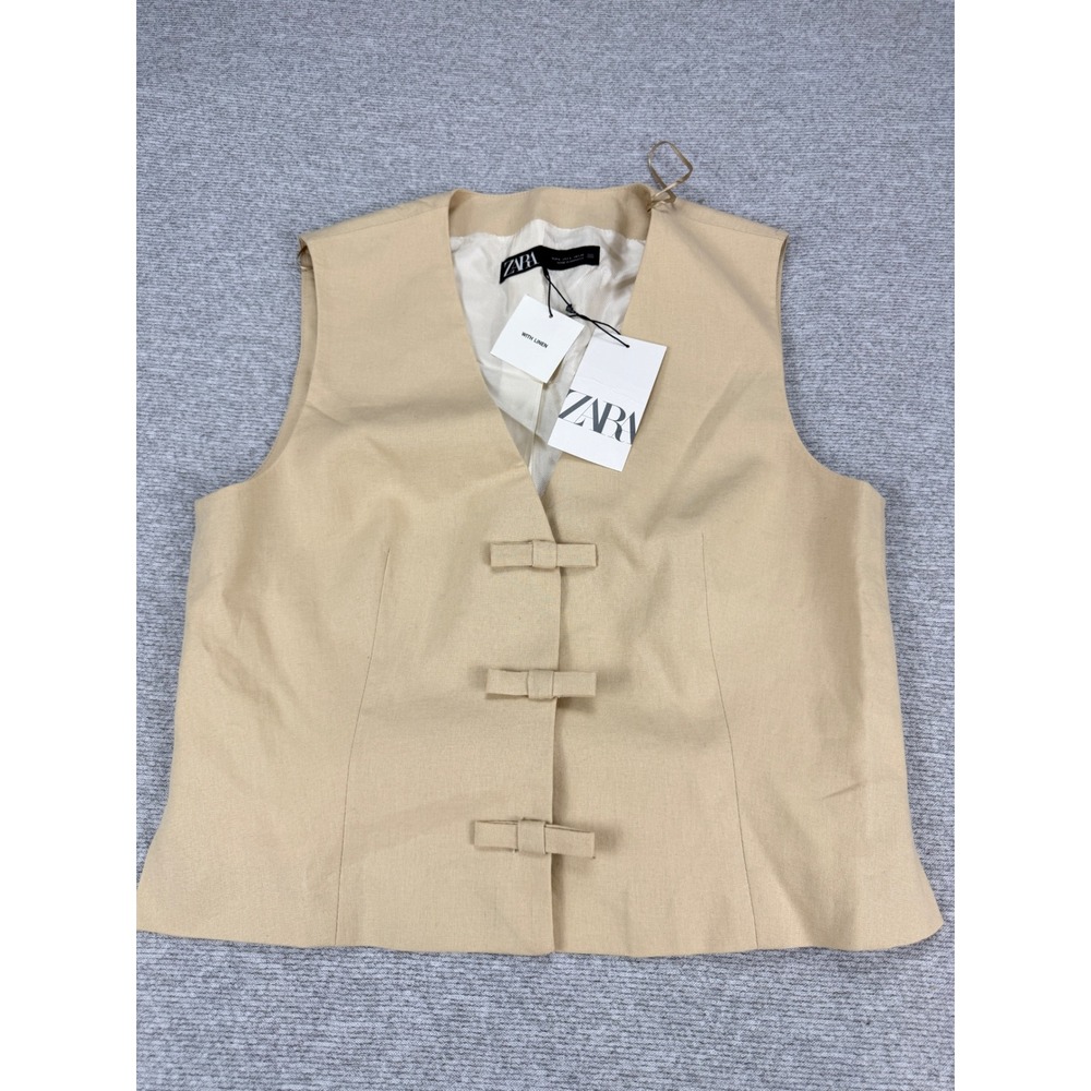 Zara Womens Beige Linen Blend Bow Bar Closure Waistcoat Vest Large MSRP $45